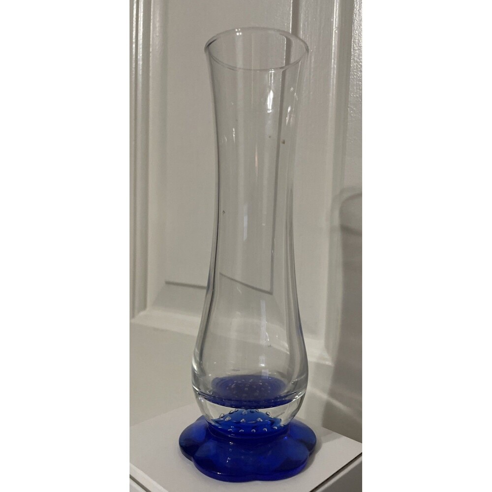 Bormioli Rocco Italy, Blown Glass Vase, Blue Flower Shaped Foot